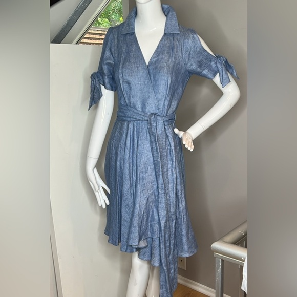 Milly Sz 2 Linen Chambray Blue Valerie Cold Shoulder Wrap Dress - Picture 1 of 11